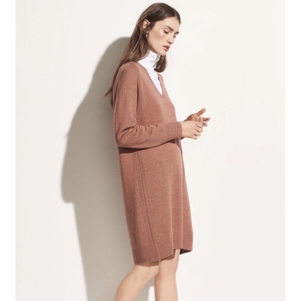 Vince Wool Cashmere V Neck Sweater Dress Mauve Pink Size Small